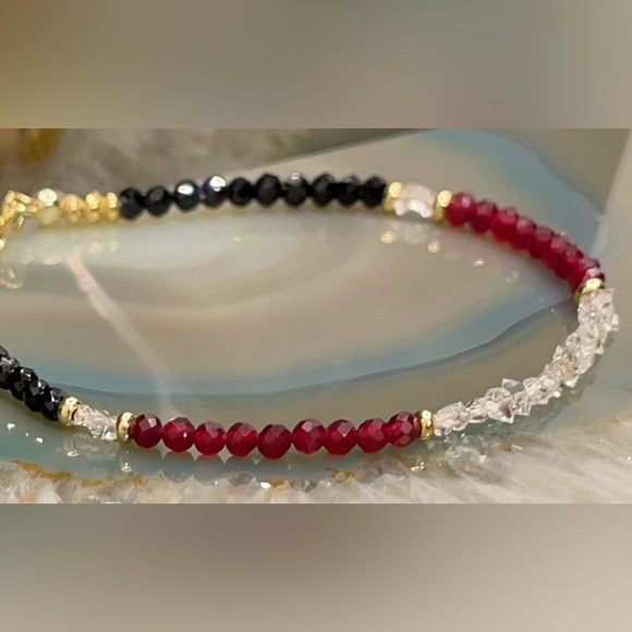 Herkimer Diamond,  Black Spinel, Ruby Bracelet 18kt Gold Vermeil Beads and Clasp - Picture 4 of 9